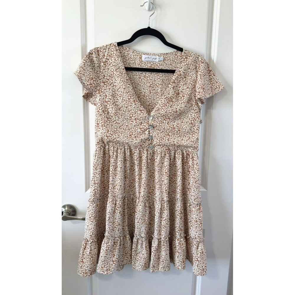 Petal & Pup Dancer Floral Button Up Tiered Mini Dress Size 10 Tan white NWOT